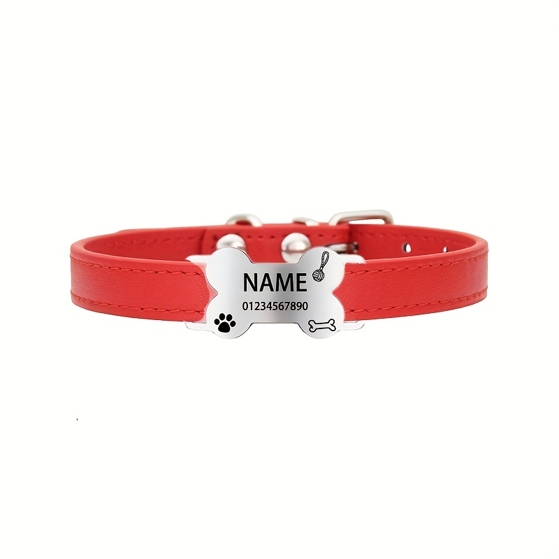 TEMU Customizable 1pc Personalized Faux Leather Dog Collar With A Curved Bone-shaped Tag, Featuring A Toy Design With Bone . Customized With A Name,
