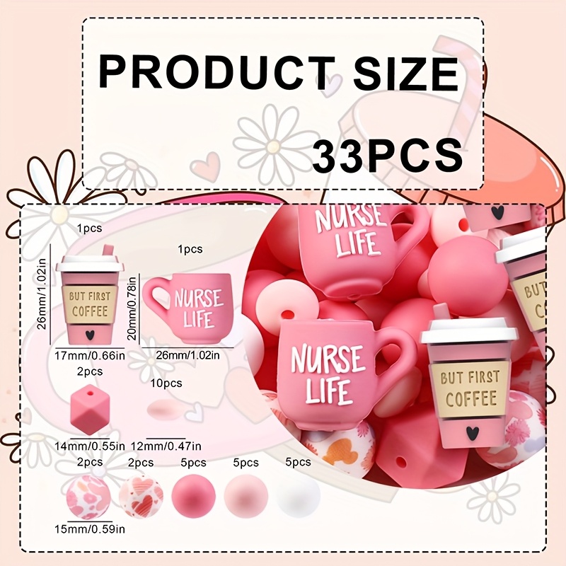 TEMU 33pcs Cute 3d Pink Nurse Love Coffee Cup Silicone Beads- Silicone Beads, +print Round Beads + Beads, , Beads For Jewelry Making, Perfect For Diy