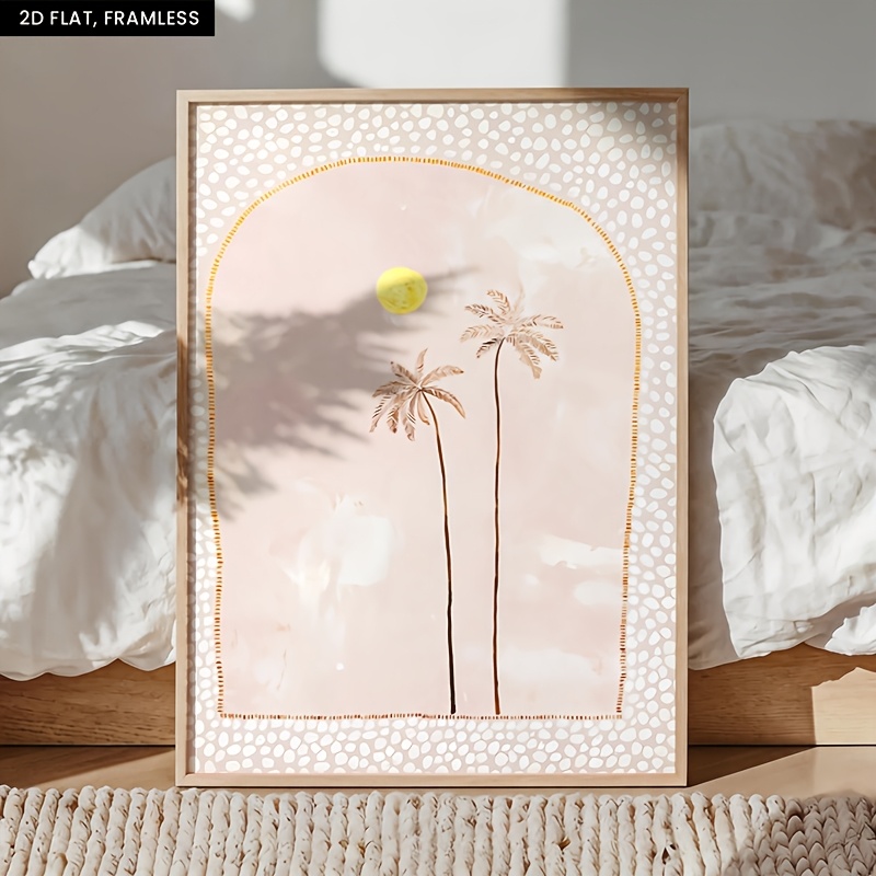 TEMU 2d Flat, 1pc 2d Flat Frameless Printed Poster Wall Decor, Minimalist Boho Style Soft Pink Tone Arch Shape Beige Palm Tree Pattern Art Painting,