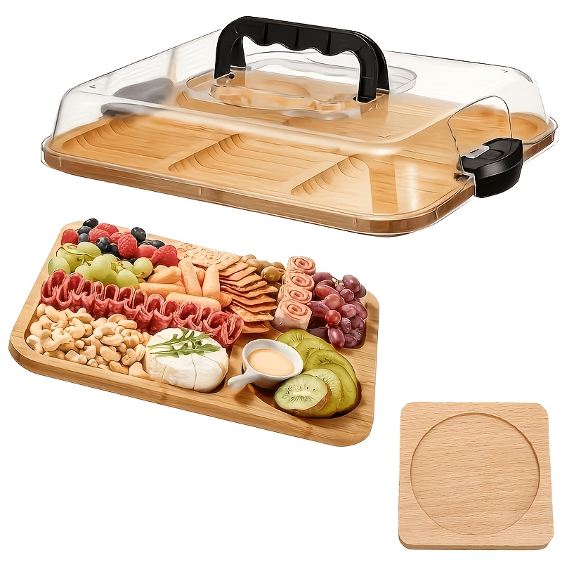 TEMU 1pc Bamboo Cheese Tray With Transparent Acrylic Lid And Wooden Coasters - Parties, Restaurants | Holiday Appetizer And Snack Serving Tray,