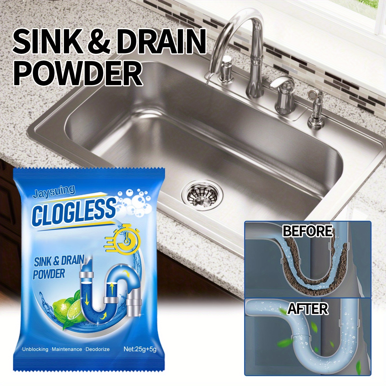 Strong Drain Unclogging Powder - Essential Tool for Motorhomes & Homes - Removes Grease, Hair, Soap Scum & Debris - Quick & Efficient Pipe Cleaning Solution for Toilets, Kitchens & More RV Sewer Chemicals & Cleaners