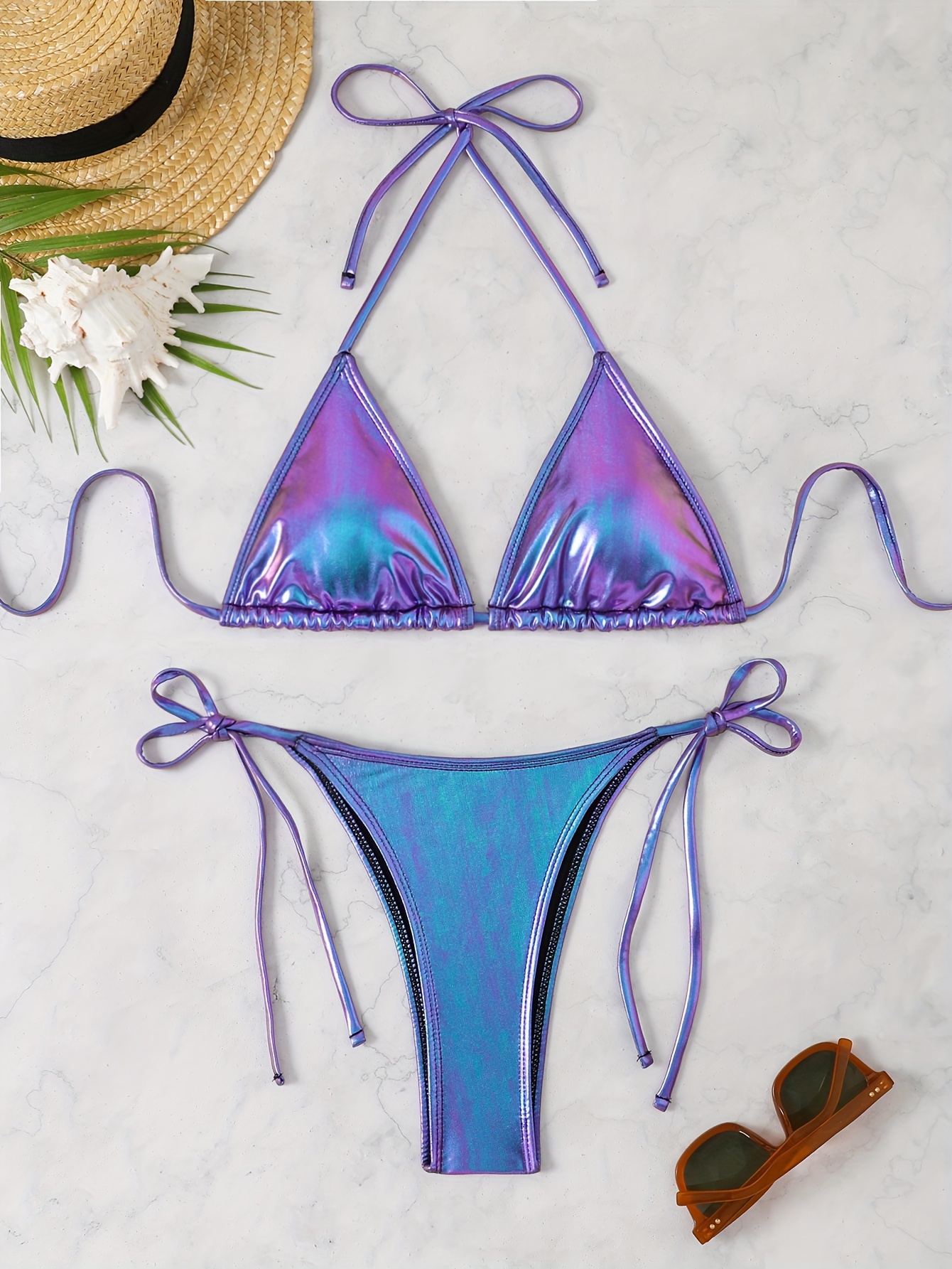 New Sexy Shiny Fabric Split Bikini Swimsuit for Women