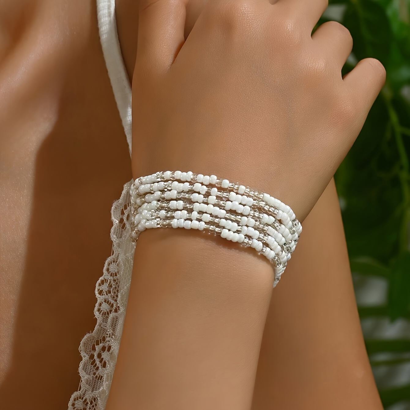 6pcs Elegant And Simple White Transparent Rice Bead Bracelet Set Elastic Stackable Daily