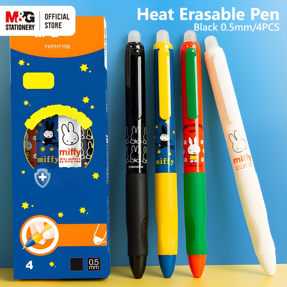 

4pcs M&g Press Pen Black Hot Erasable Gel Pen 0.5mm Student Cartoon Pen