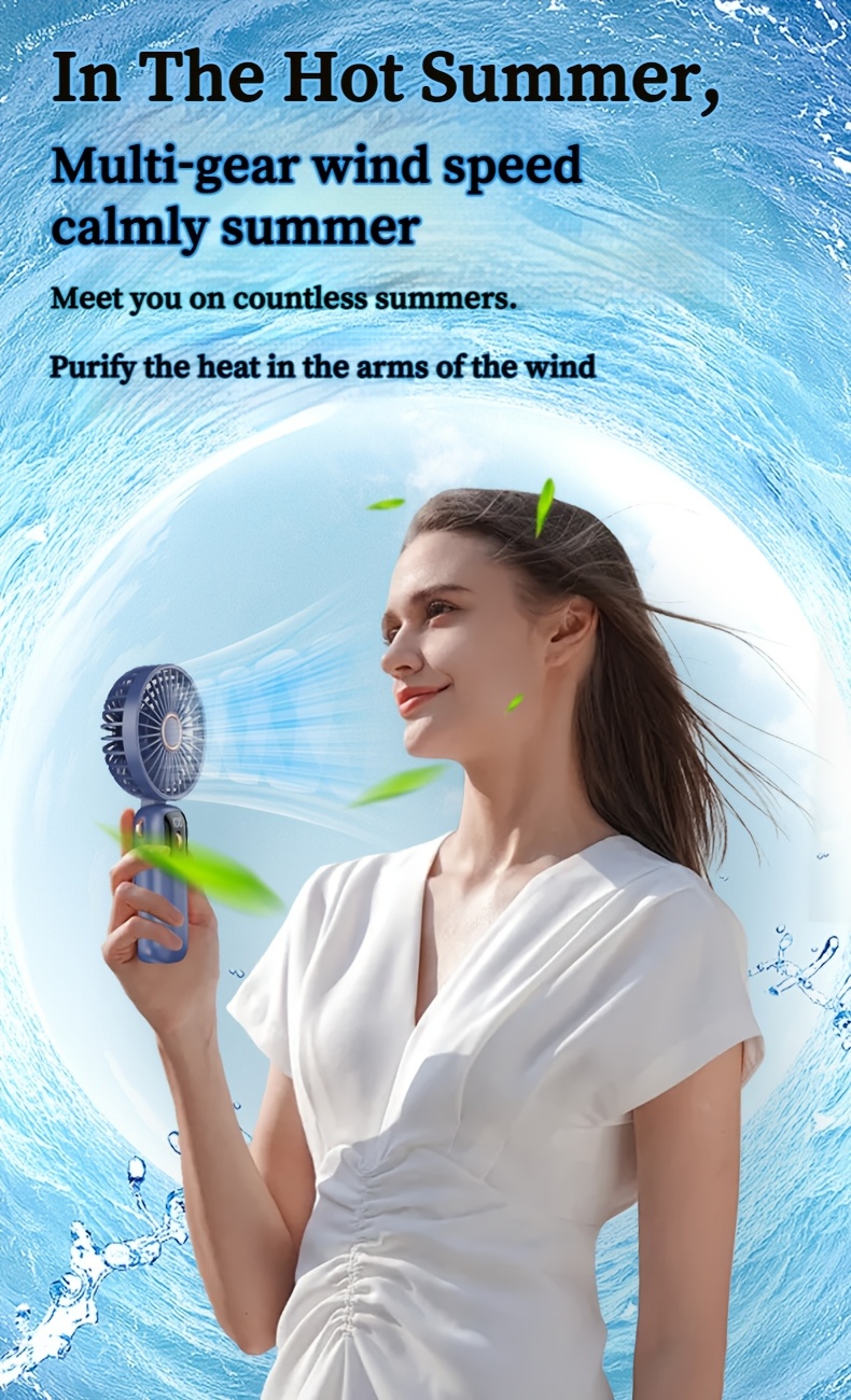 portable led display handheld fan with phone holder   speed adjustable foldable design 90 wind angle usb rechargeable 1200mah lithium battery indoor outdoor use with cord plastic material details 1