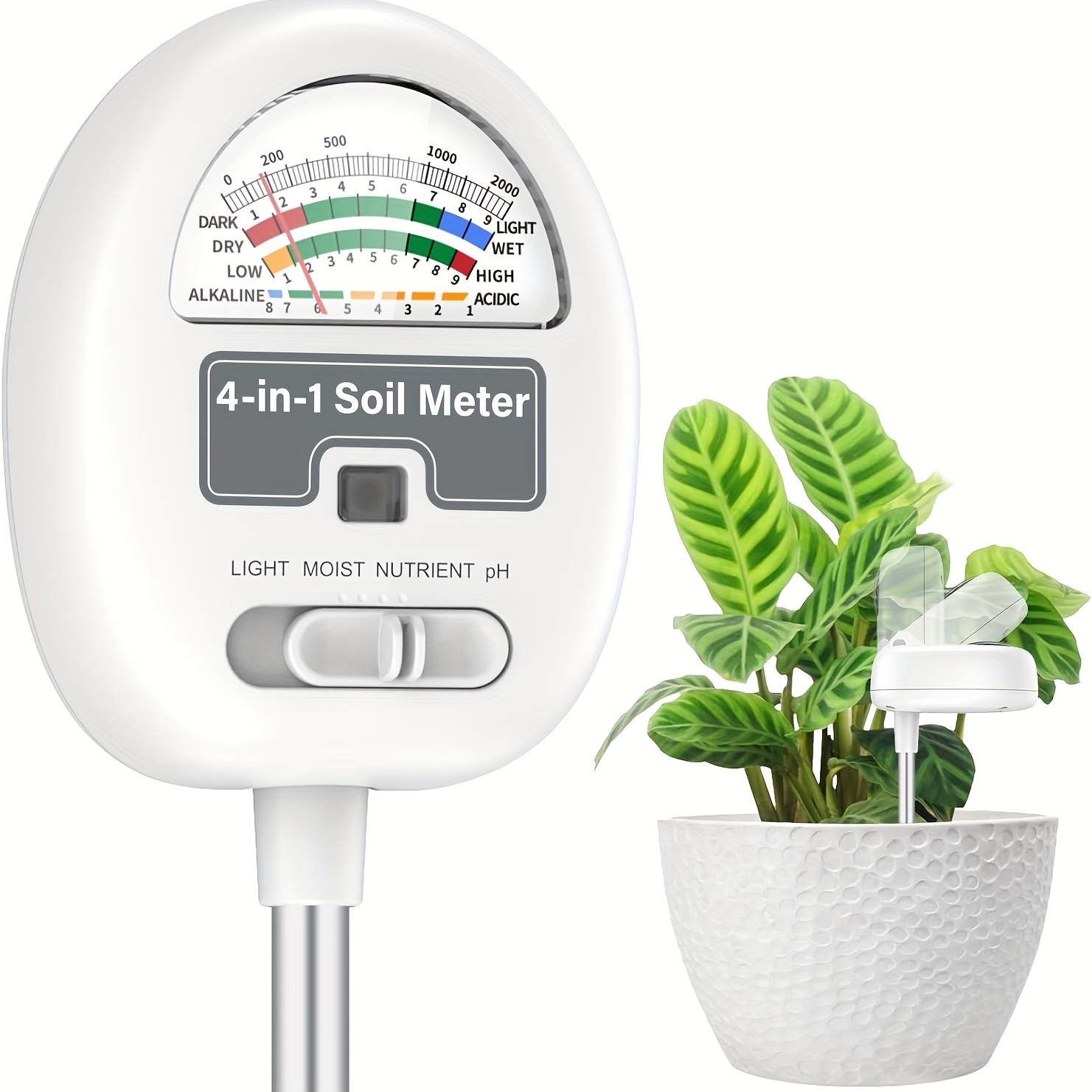 

4-in-1 Soil Health Tester - Moisture, Ph, Light & Nutrients Meter For Gardening, Lawn Care & Farming - Durable Metal, No Batteries Needed