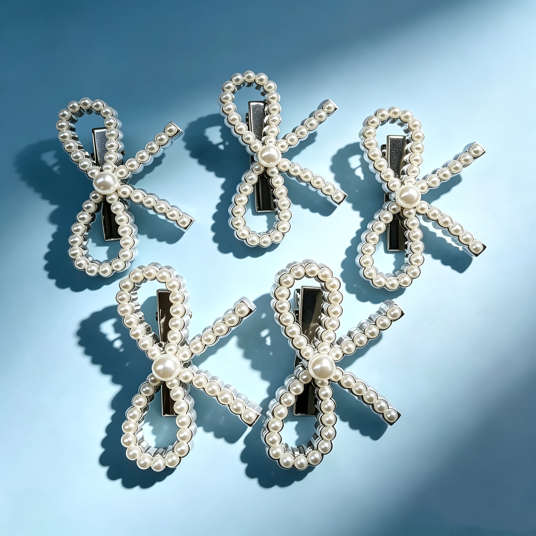 Image of 5pcs French Style Pearl Bow Hair Clip, Versatile Hair Accessory For Commuting & School, Gentle Atmosphere Hair Ornament