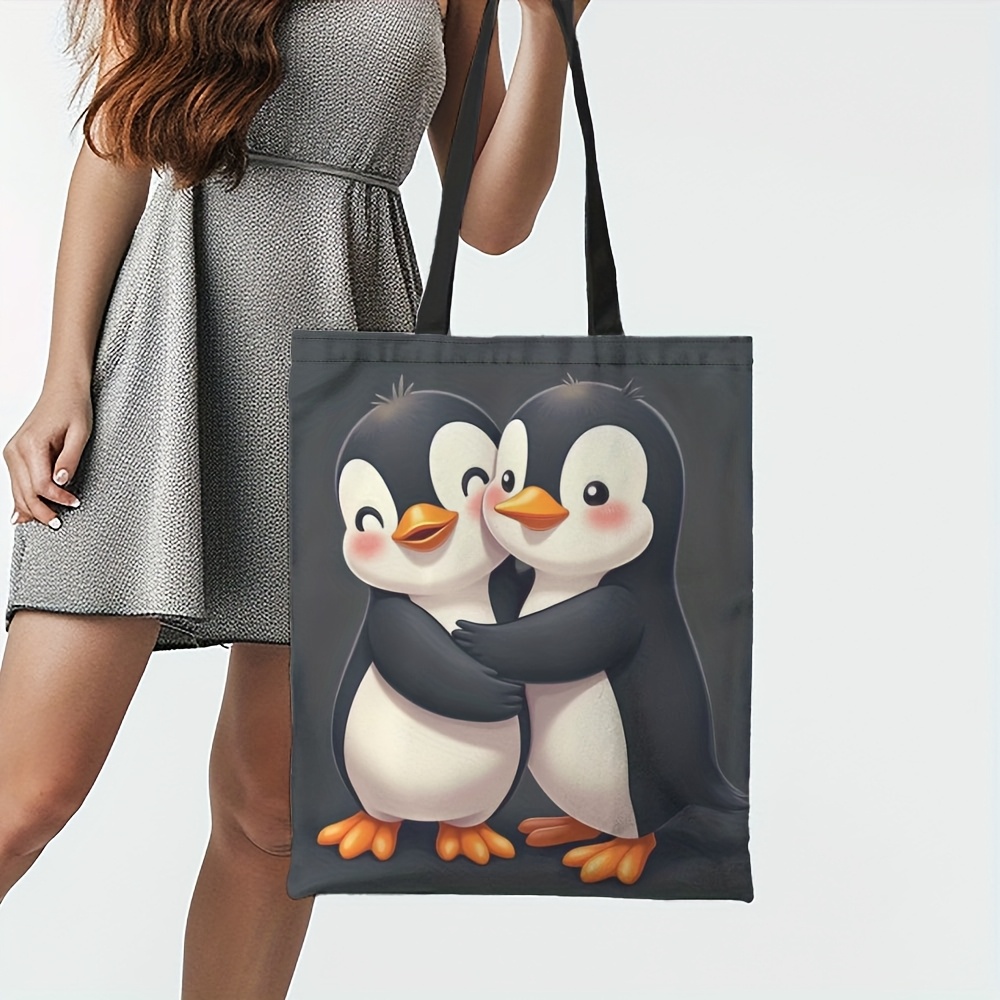 TEMU 1pc Cute Penguin Tote - Lightweight Foldable Polyester Suitable For Shopping, Travel, Beach & Everyday Use, Adorable Penguin Print With Penguin