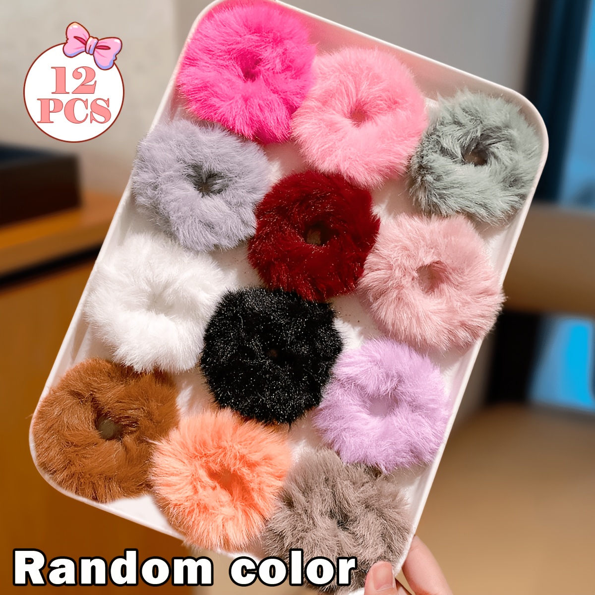TEMU 12pcs Set Of Random /winter Plush Hair Ties, Colorful Furry Autumn/winter Hair Elastics, Cute Bun And Ponytail Hair Accessories For Daily