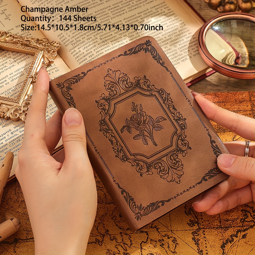 144 Sheets Leather Embossed Journal Book Lined Thick Paper Notebook Compact And Portable Writing Diary Monthly Schedule Planner For School Office Home *10.5cm(5.71*4.13 Inch)