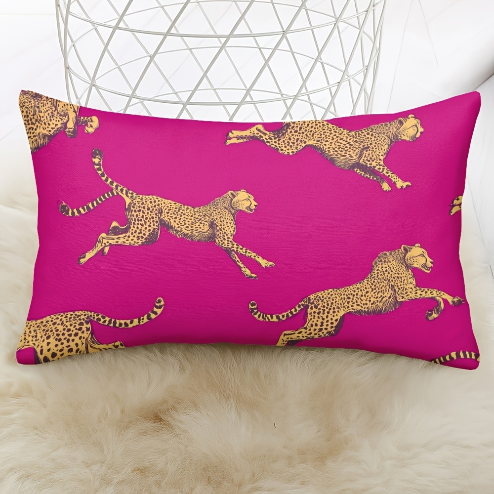 TEMU 1pc Hot Pink Leopard Print Pillowcase, Featuring Mid-air Leaping Pattern - Double-sided High-, Soft Short Plush Material Cushion Cover