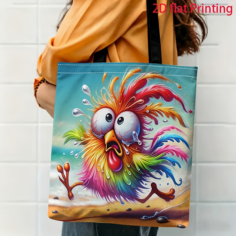 TEMU 1pc 2d Printed Colorful Feather Cartoon Chicken Pattern Shoulder Bag, Stylish Daily Tote Bag, Multifunctional Fashionable Lightweight