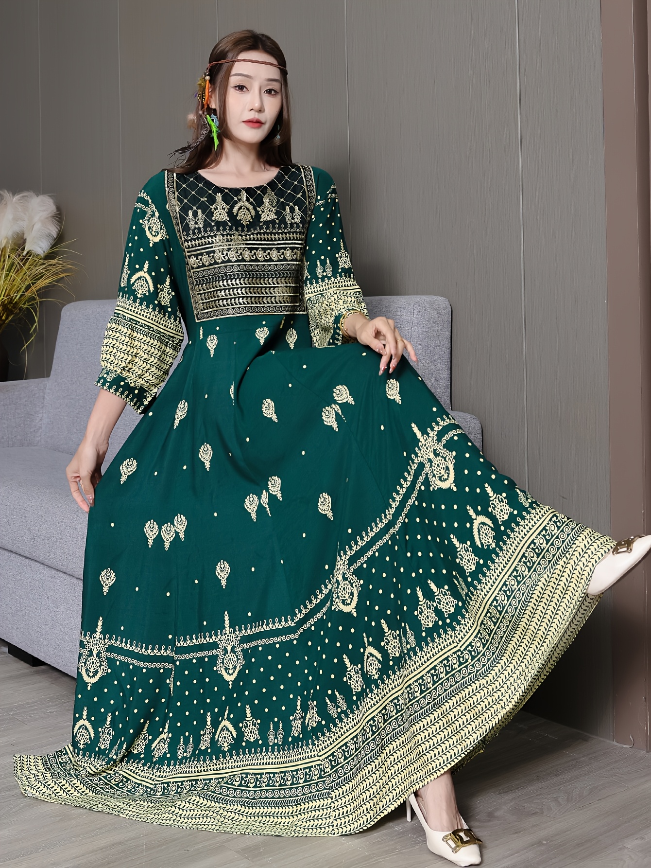 open lace back dress Olive Green Frilled Cotton Knee Length Bohemian Dress 32