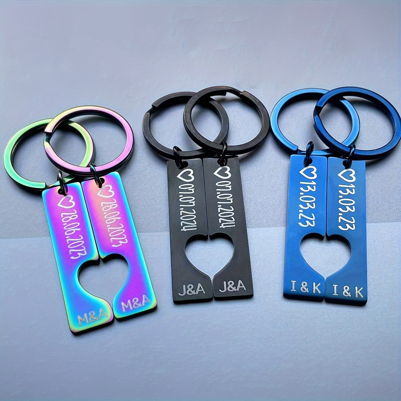 

Personalized Stainless Steel Keychain Set For Couples With Custom Engraving, Heart Design - Anniversary Gift Keyrings With Special Date