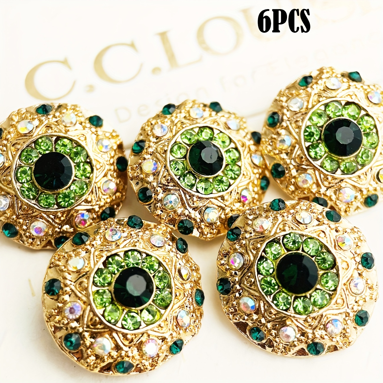 6 Decorative Buttons, Inlaid With Green Rhinestones, For Clothing, Bags And Belts, Hats And Headscarves, And Other Home Textile Decorations