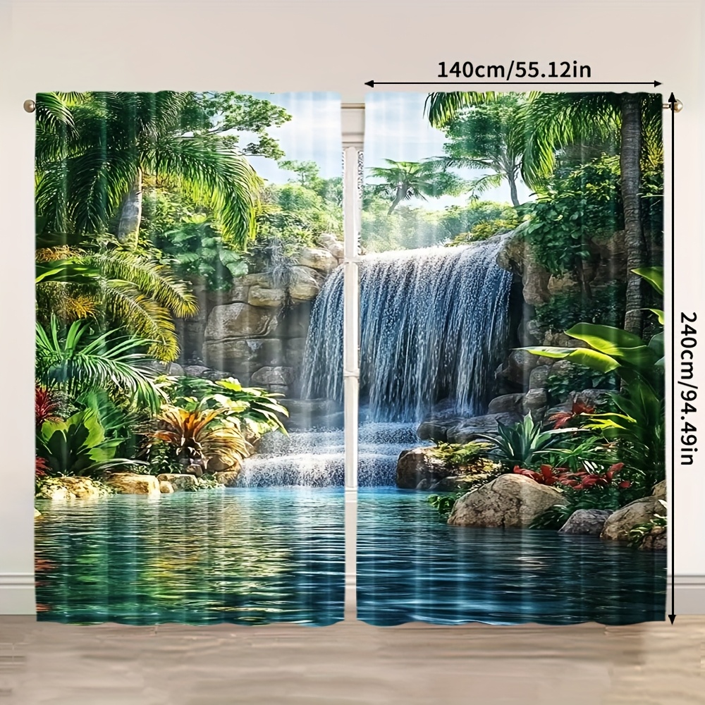 TEMU 2 pièces Rideaux Tropical Jardin - Store Isolant Thermique avec Palmiers et Cascades, Semi-Opacité Filtre Lumière pour Salon, Chambre, Salle de