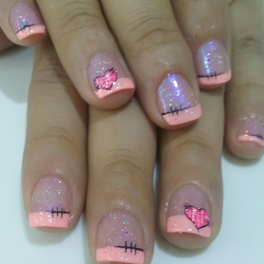 

24pcs Valentine's Day French Glitter Heart -on Nails, Mixed , Short Length, , With Holiday , Removable Fake Nail Tips