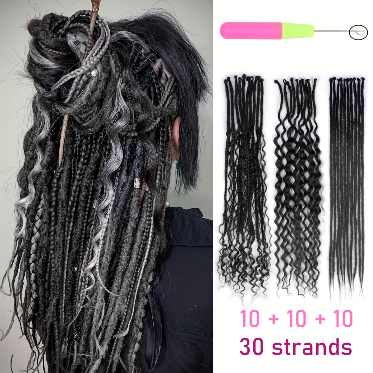 TEMU Ensemble complet d'extensions de dreadlocks 3-en-1, 30 boucles, 60 cm ( 24 pouces), extension , boucles noires, raides et extensions bohèmes à