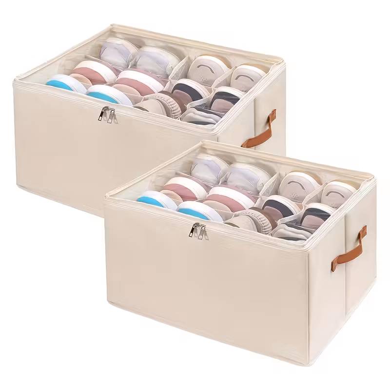 2 boîtes de rangement pour chaussures de place avec couvercle transparent – organisateur empilable et pliable pour chaussures et coussins, design en tissu beige avec poignées, idéal pour lorganisation de placard ou darmoire, organisateur de rangement pour chaussures Détails du produit 6