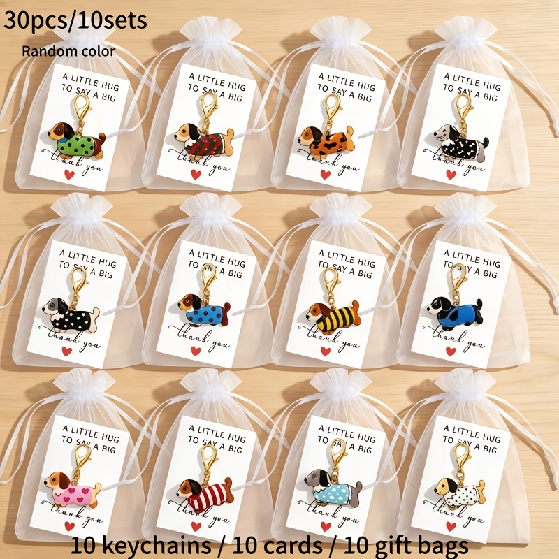 TEMU 30pcs Polka Dot Dog Keychain Set, Random Colors, Includes 10 Keychains + 10 Cards + 10 Mesh Bags - Ideal Birthday Gift For Men And Women,
