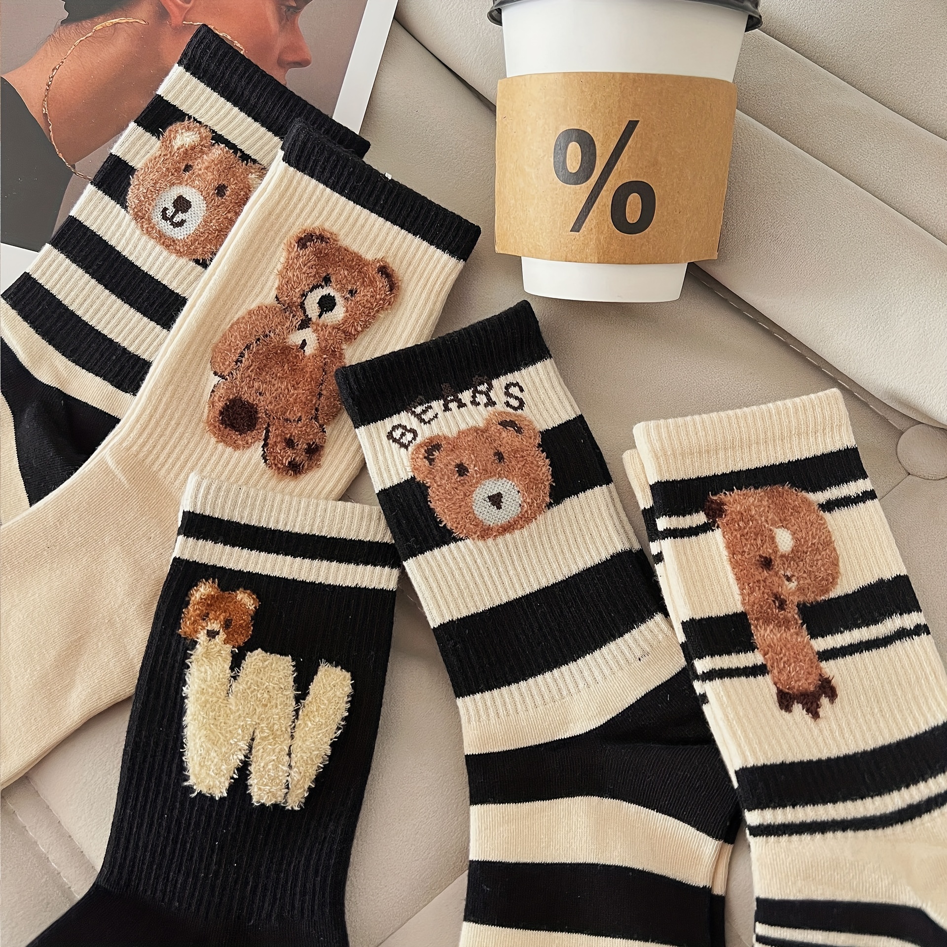 

5 Pairs Fuzzy Cartoon Bear Socks, Cute & Sweet Mid Tube Socks, Women's Stockings & Hosiery