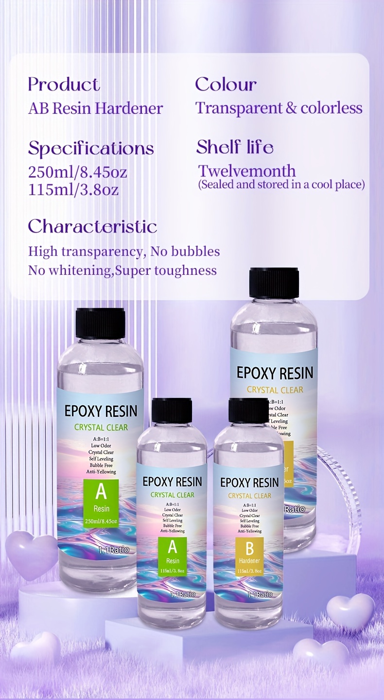 Това е кристален епоксиден AB адхезив, предлагащ се в размери 230ml/7.6oz и 500ml/16.9oz, с пропорция на смесване 1:1. Устойчивостта се осигурява за 12-24 часа, включва бързо отстраняване на въздух за проекти, подходящ е за риноски маси, устойчив е на пожълтяване.