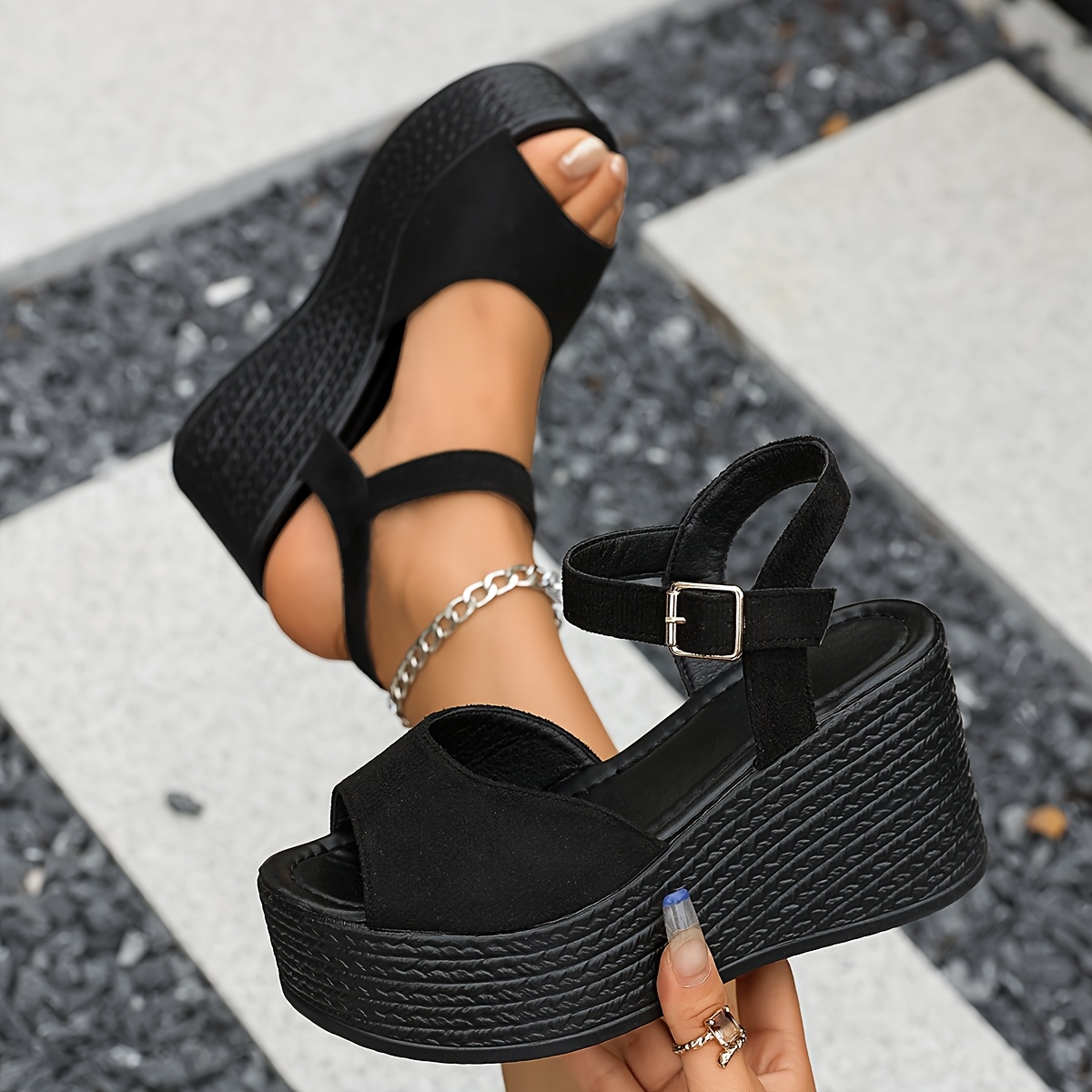 womens elegant black wedge sandals metal straps open Temu Pakistan