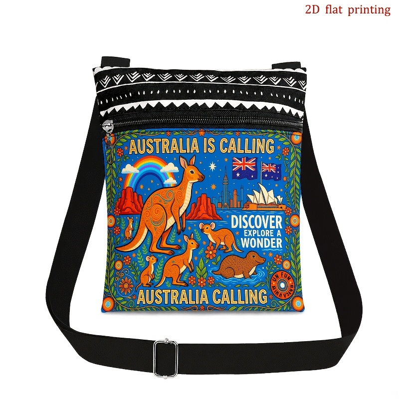 TEMU 2d Flat Crossbody Bag For Men And Women, Adjustable Shoulder Strap And Zipper Closure, Australian Iconic Elements Painted Print Unisex Crossbody