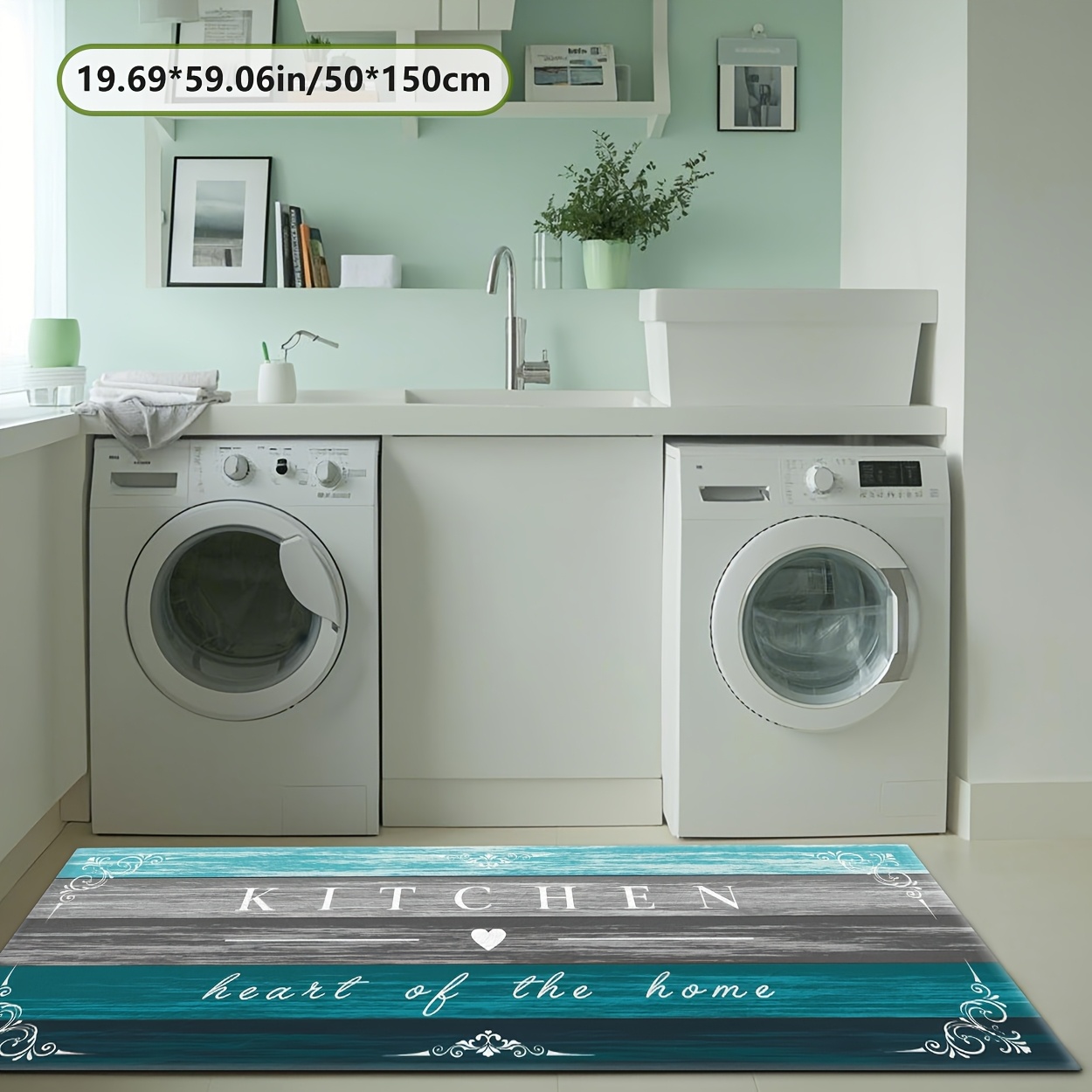 TEMU ZULIDA Tapis de Cuisine à Thème - Design Côtelier avec Turquoise et "Cuisine", 100% Polyester Lavable en Machine, et Anti-Peluche pour ou