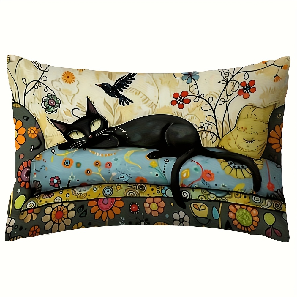 TEMU de cojín rectangular decorativa con un gato negro, estampado , ideal para sofás de y dormitorios, al , con cremallera invisible, mejora la
