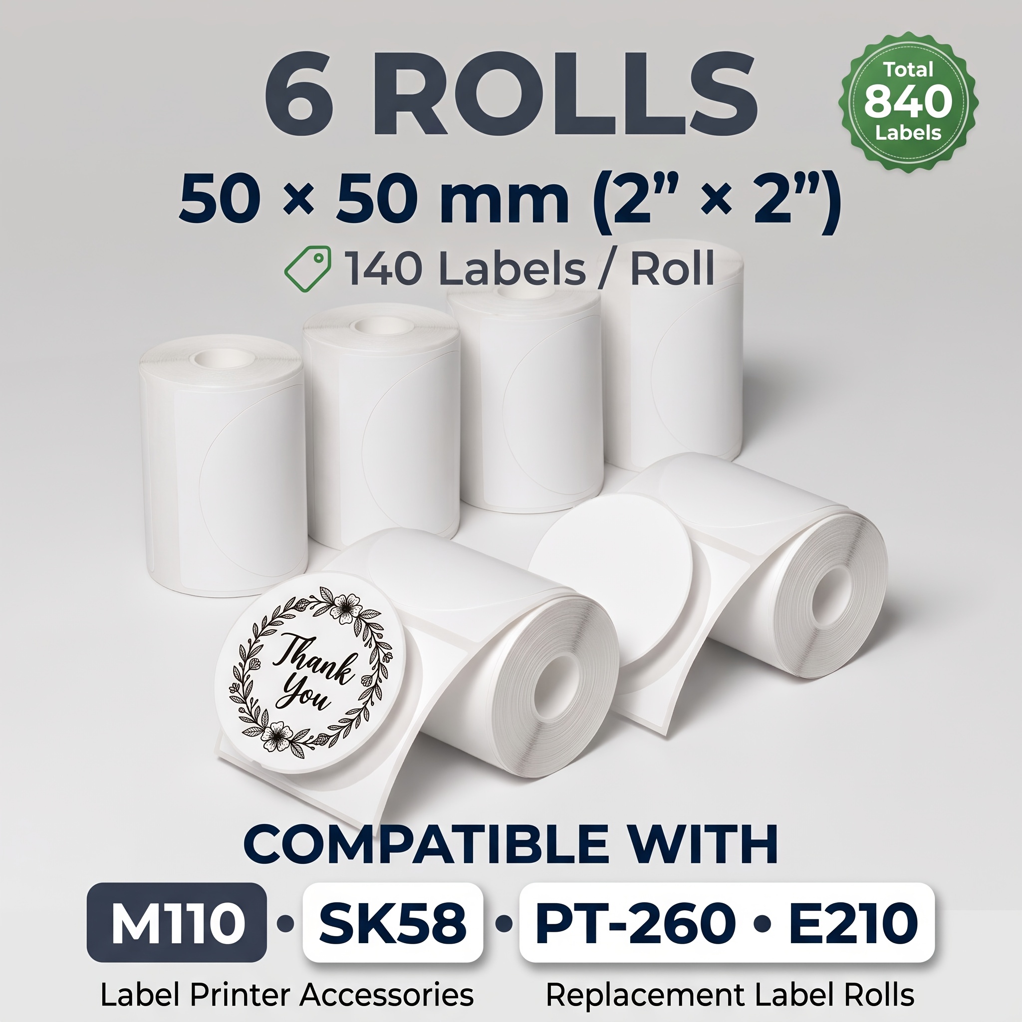 TEMU Paquete de 6 Rollos de Papel Etiquetas Redondas M110 50*50mm / 1.97*1.97in - 140 Etiquetas por Rollo. Compatible con Impresoras Portátiles
