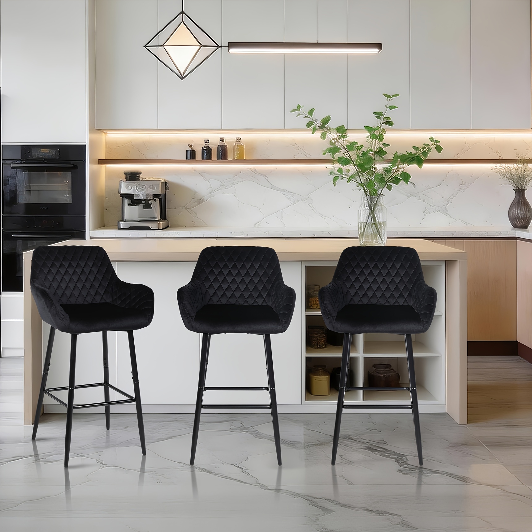 Velvet Fabric Bar Stool Set with Integrated Backrest