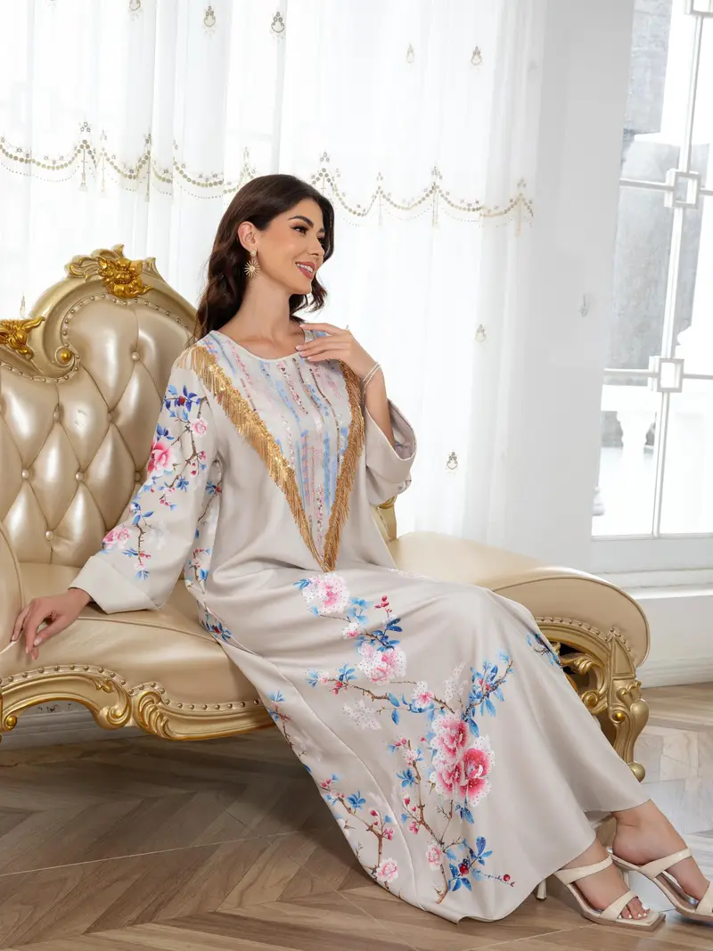 Women's Floral Print Jalabiya Dress - Middle Eastern * with Long Sleeves, Flowing Train & Fringe Hem, Loose *-Season Traditional Robe for Casual & Formal Occasions, Elegant Attire, Elegant Design, ... Women's Floral Print Jalabiya Dress - Middle Eastern * with Long Sleeves, Flowing Train & Fringe Hem, Loose *-Season Traditional Robe for Casual & Formal Occasions, Elegant Attire, Elegant Design, ...