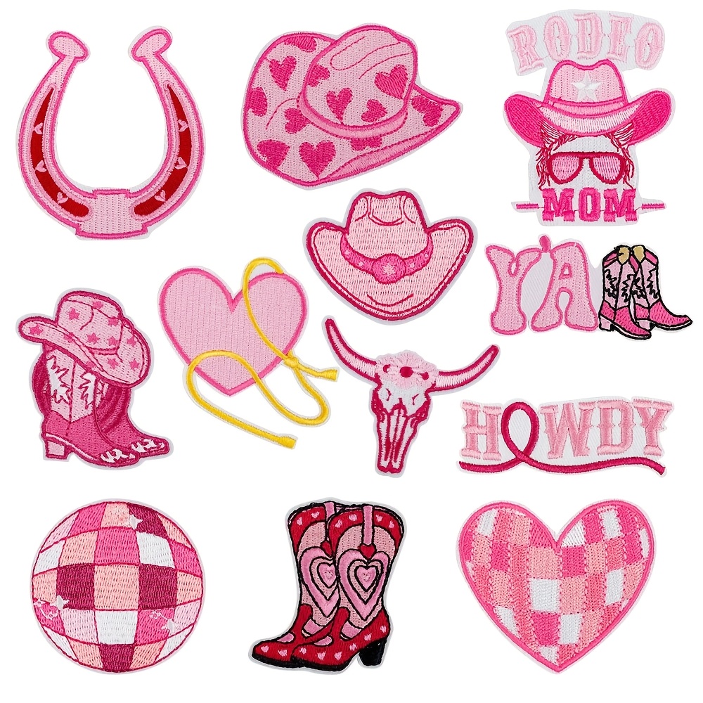 

12pcs Pink Western Cowboy Girl Embroidered Patches, Iron-on/sew-on Decorative Appliques For Clothes, Shoes, Hats, Bags - Diy Decorative Clothing Stickers Set