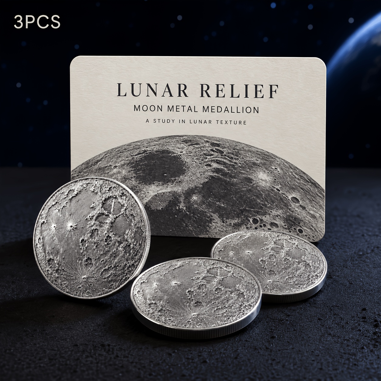 TEMU 3pcs 3d Moon Surface Texture Commemorative With Realistic Lunar Details, Unique Astronomy-themed Design For Space Enthusiasts, Novelty Keepsake