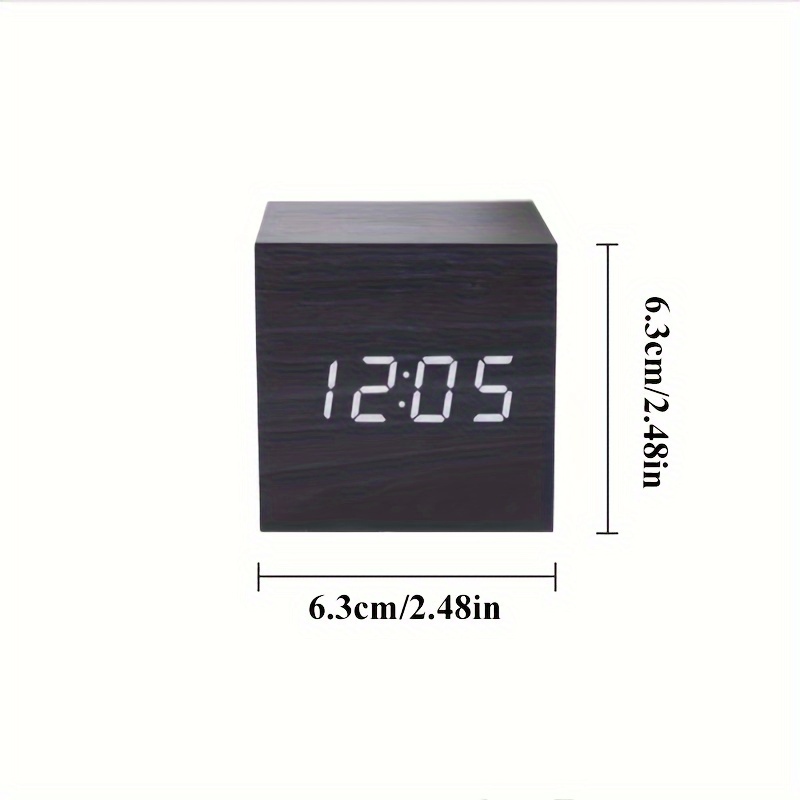 Mini Cube Wooden Alarm Clock with LED Display - Voice Controlled, Auto Dimmable with 3 Brightness Levels, Displays Time/Date/Temperature, Ideal for Home, Office, Travel, Rectangle Shape, USB Powered