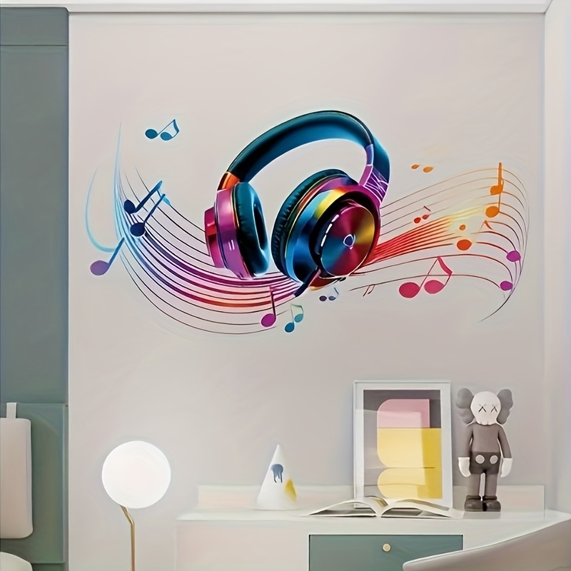 1pc Multicolor Removable Music Note Wall Decal, Headphone And Microphone Stickers - Self-adhesive Vinyl Tiles, Suitable For Rooms, Classrooms, , Doors - Easy To Home Decor