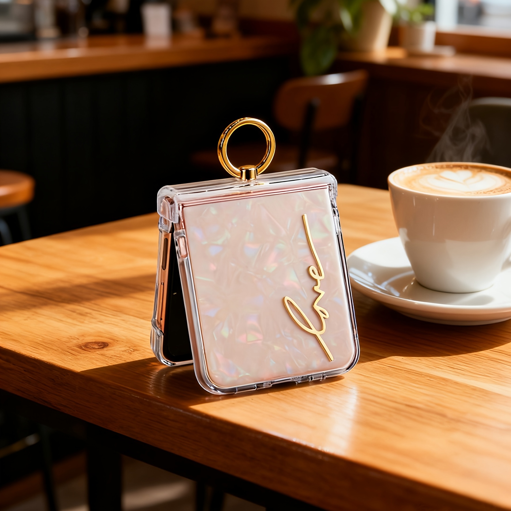 TEMU Phone Case: 1 X Iridescent Seashell Pattern Cardstock Electroplated "love" Artistic Lettering Electroplated Ring Mid-axis Hinge Full-coverage