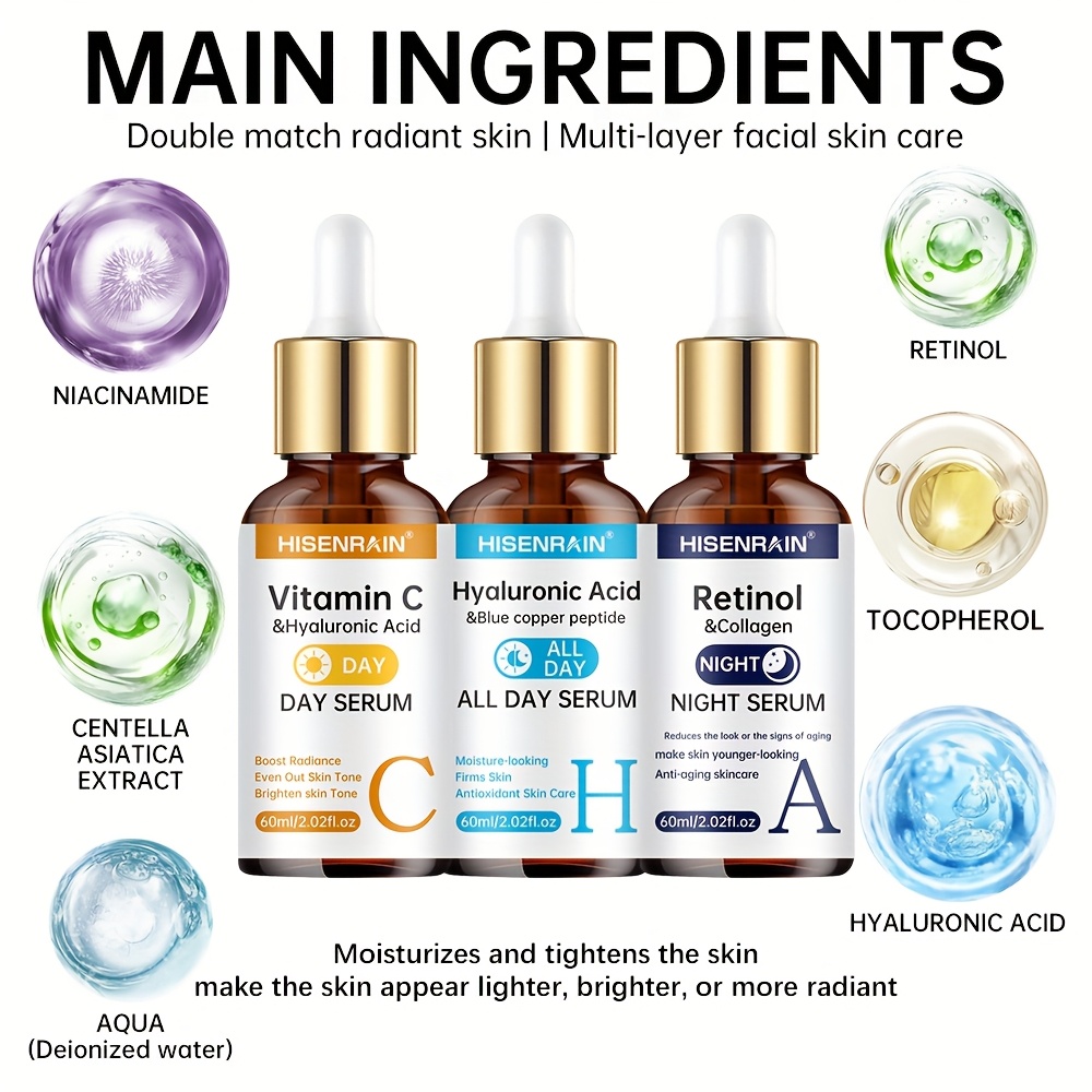 HISENRAIN 3pcs Day & Night Serum Set with Vitamin C + Retinol + Hyaluronic Acid (Contains Collagen + Peptides + Various Vegetable Oil Extracts) -Brightens Light Beige, Firms Skin, Controls Oil & Moisturizes, Deeply Hydrates. Dry Skin.