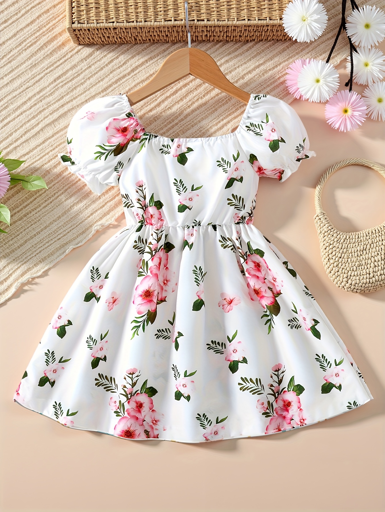 Girls' Elegant Floral Print Summer Dress Short Sleeve Puff Shoulder  A-Line Machine-Washable Lightweight Pink Green Floral Print on White for 