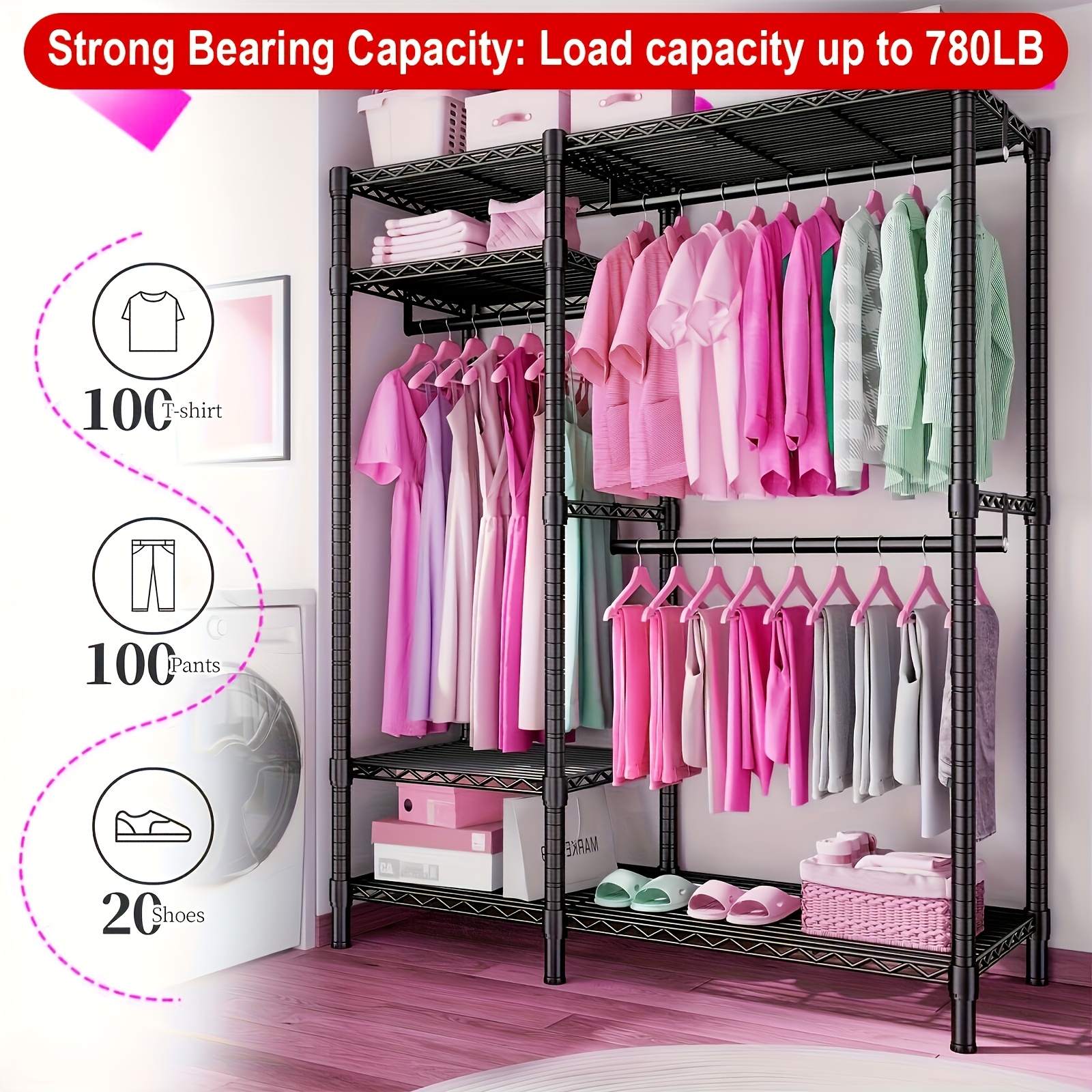 TEMU Spacious 4-tier Black Metal Clothes Rack With 3 Hanging Rods - Heavy-duty, Adjustable & Portable Wardrobe, Sturdy Freestanding Closet Organizer,