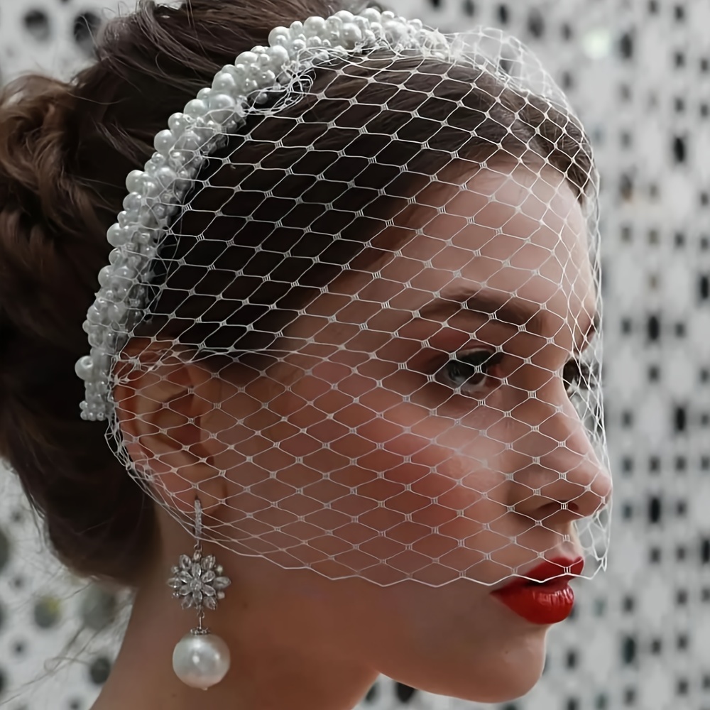 

Elegant Jm26 Tulle Cage Veil With Pearls, Fashionable Headband, Wedding Birdcage Veil, Hand Wash Only, Polyester & Spandex, No Print, Bridal Accessories