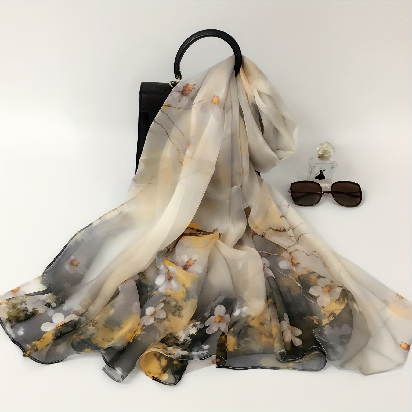 TEMU 175cm X 110cm Gray Printed Women's Silk Shawl, Large Rectangular , Lightweight And Breathable, High-end Fashion, 100% Silk, Soft To The Touch,