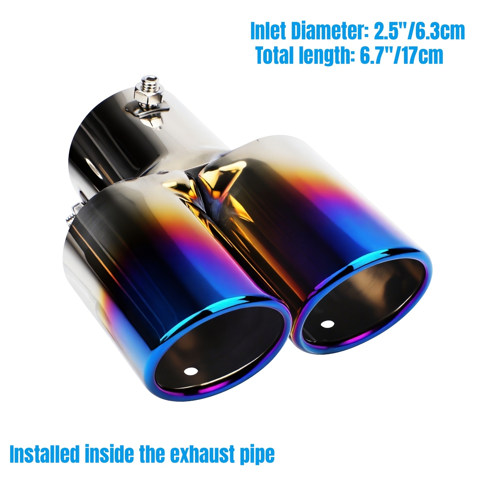 TEMU A Dual Exhaust Tip Made Of Stainless Steel, Featuring A Double Outlet Design For Car Mufflers. This Curved Tailpipe Tip Has A 63mm/2.5" Inlet And Is A -on Type With A Port