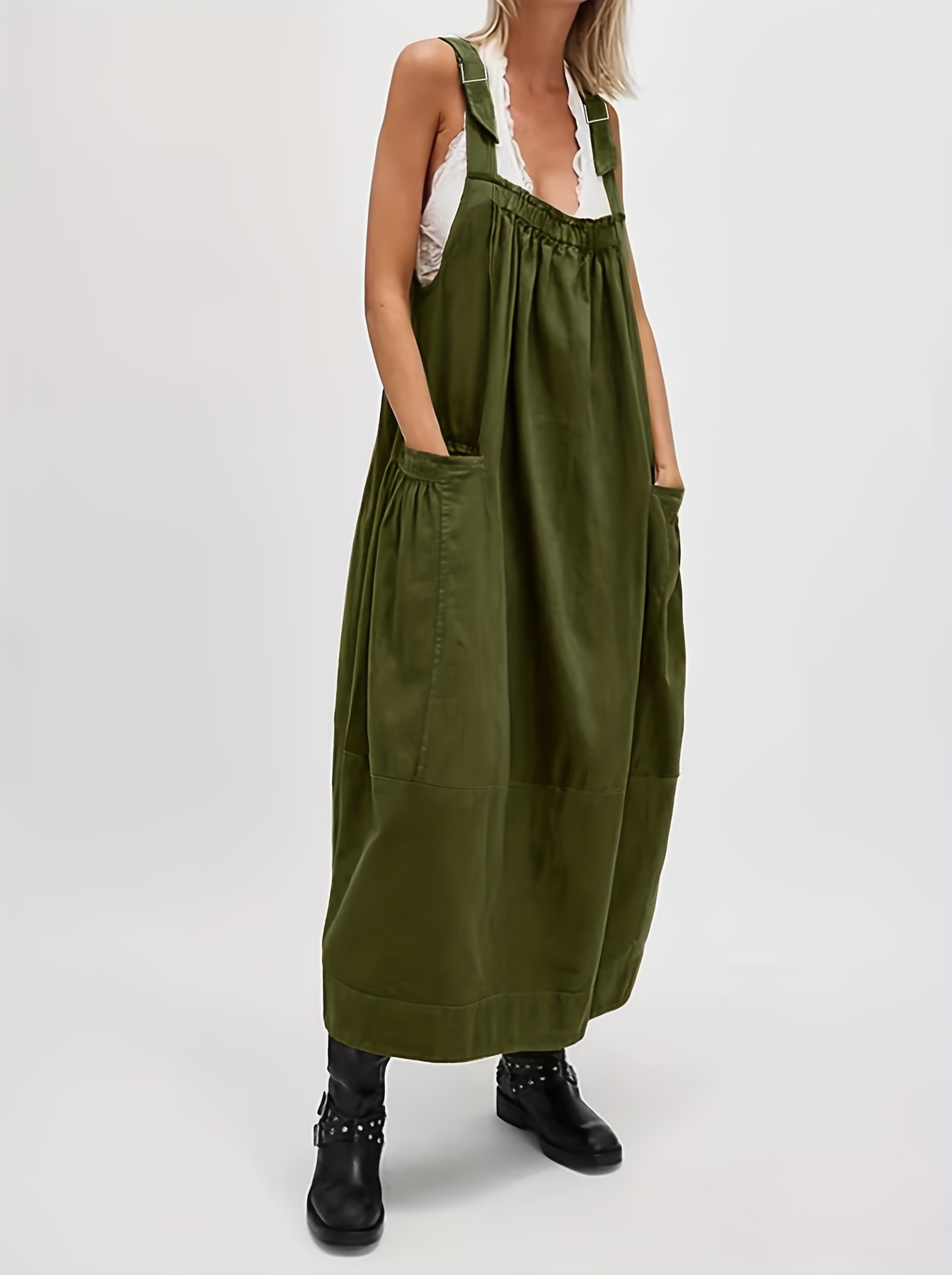 Women'S Olive Green Sleeveless Midi Dress with White Lace Trim Casual  Pinafore Style, Adjustable Straps, Wide-Leg Design Spring/Summer/Fall,