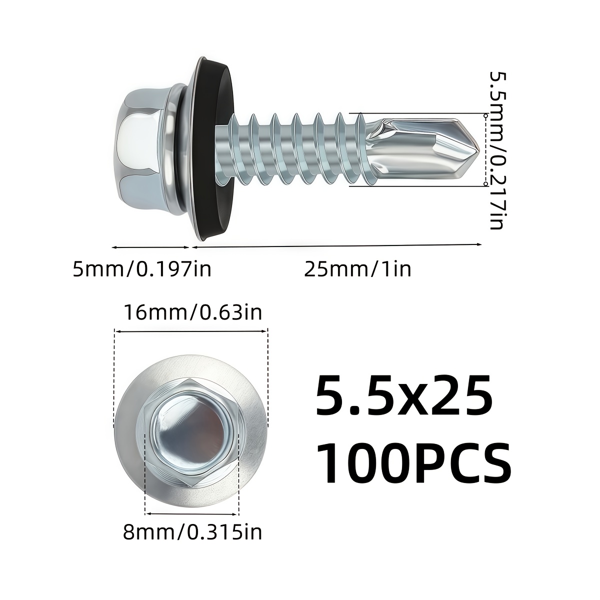 50pcs/100pcs/200pcs Heavy-duty Waterproof Rust-resistant Self-tapping Screws - 4.8mm X 19mm/5.5mm X 25mm/6.3mm X 25mm, Galvanized Hex Head With Drive