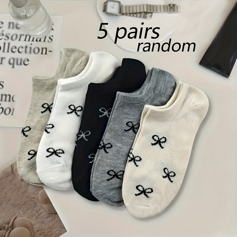 E-shop 5 Paar zufällige niedliche Damen-Knöchelsocken mit Schleife in Schwarz Weiß – Entzückendes Schleifen-Design, weiche atmungsaktive Unsichtbare