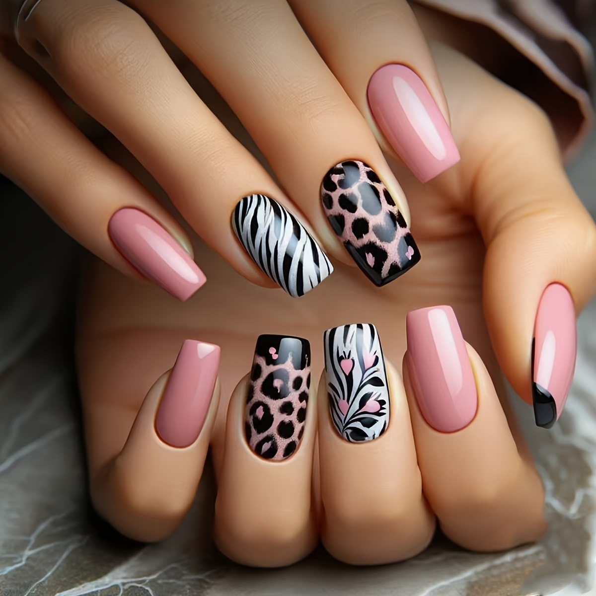 Image of Pink Nails Medium Length Black Spotted Striped Nail Glossy False Nail Pieces Cool Leopard Heart Wearable Nails Fashion Press-on Nails Nail Stickers 24pcs With Glue False Nail Pieces