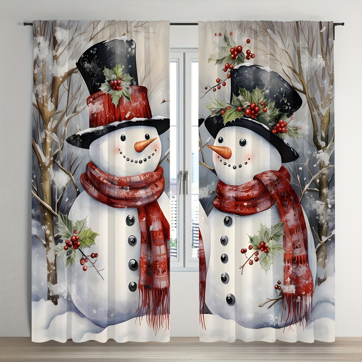 TEMU Set Of Gentleman Snowman Curtains For Christmas, Featuring A Rod Pocket Top For Easy Hanging, Made Of Quality Polyester Fabric Easy To Care For,