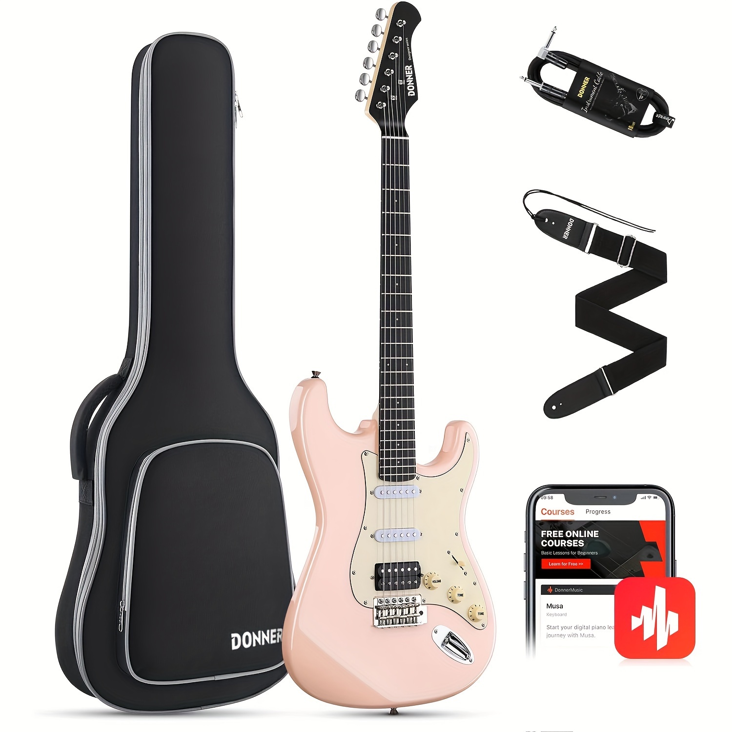 

Donner Dst-200 Electric Guitar - Elegant Pink, 39" With Maple Neck, Split System, Includes Carrying Case, Cable, Strap & Accessories - Beginners To Pros, Guitar Accessories